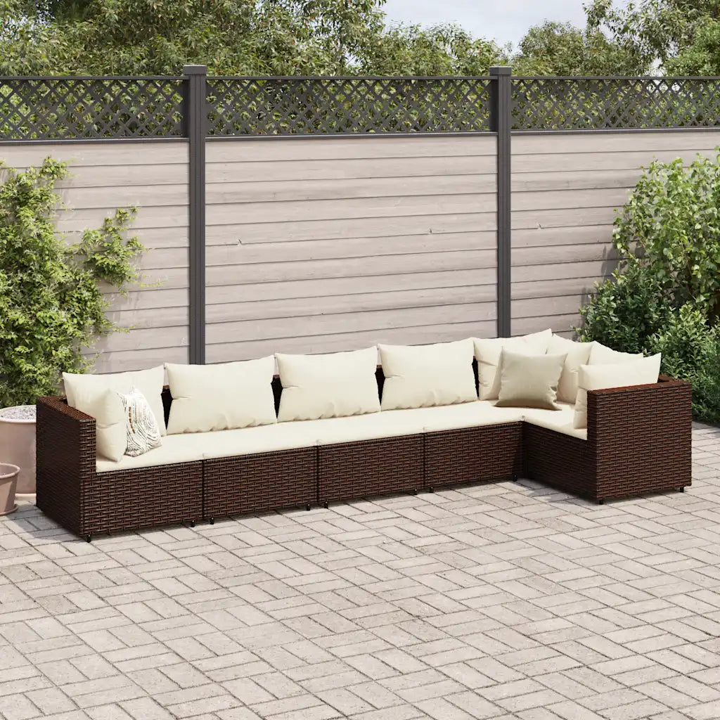 Divano angolare da giardino in polyrattan marrone con cuscini beige, 6 pezzi