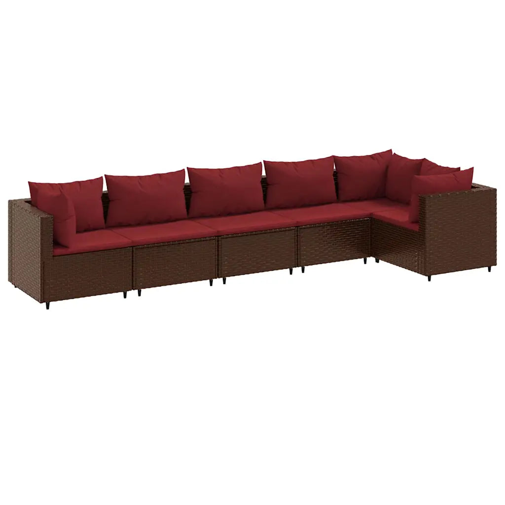 Set divanetti da giardino in polyrattan marrone con cuscini rossi e seduta modulare