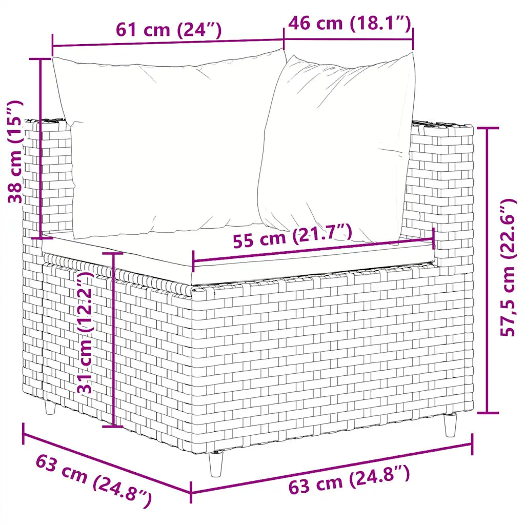 Schema misure divanetto da giardino con cuscino e base in polyrattan marrone