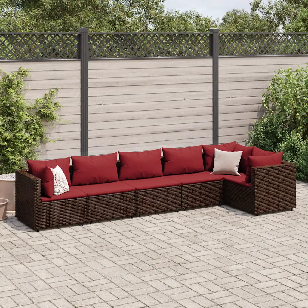 Set divanetti da giardino in polyrattan marrone con cuscini rossi, angolare 6 pz