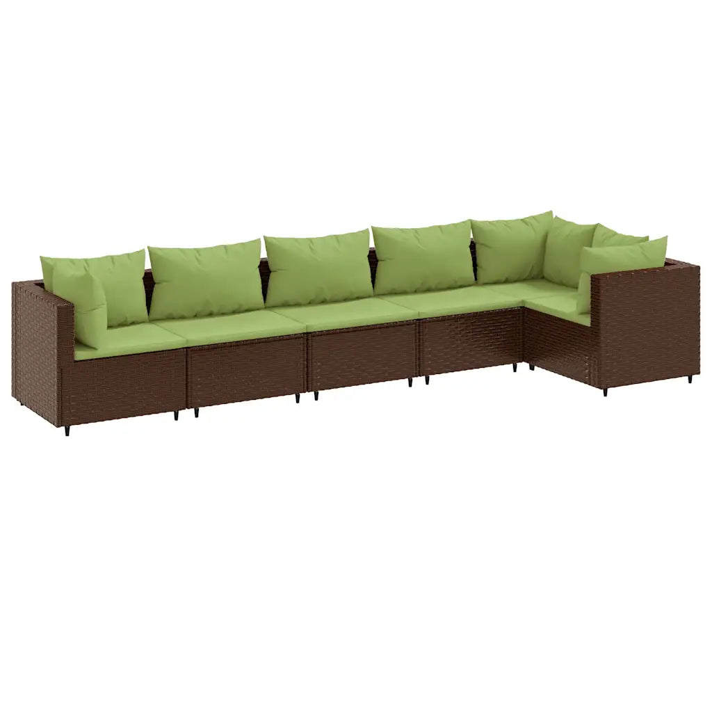 Set divano da esterno con moduli ad angolo in rattan marrone e cuscini verdi