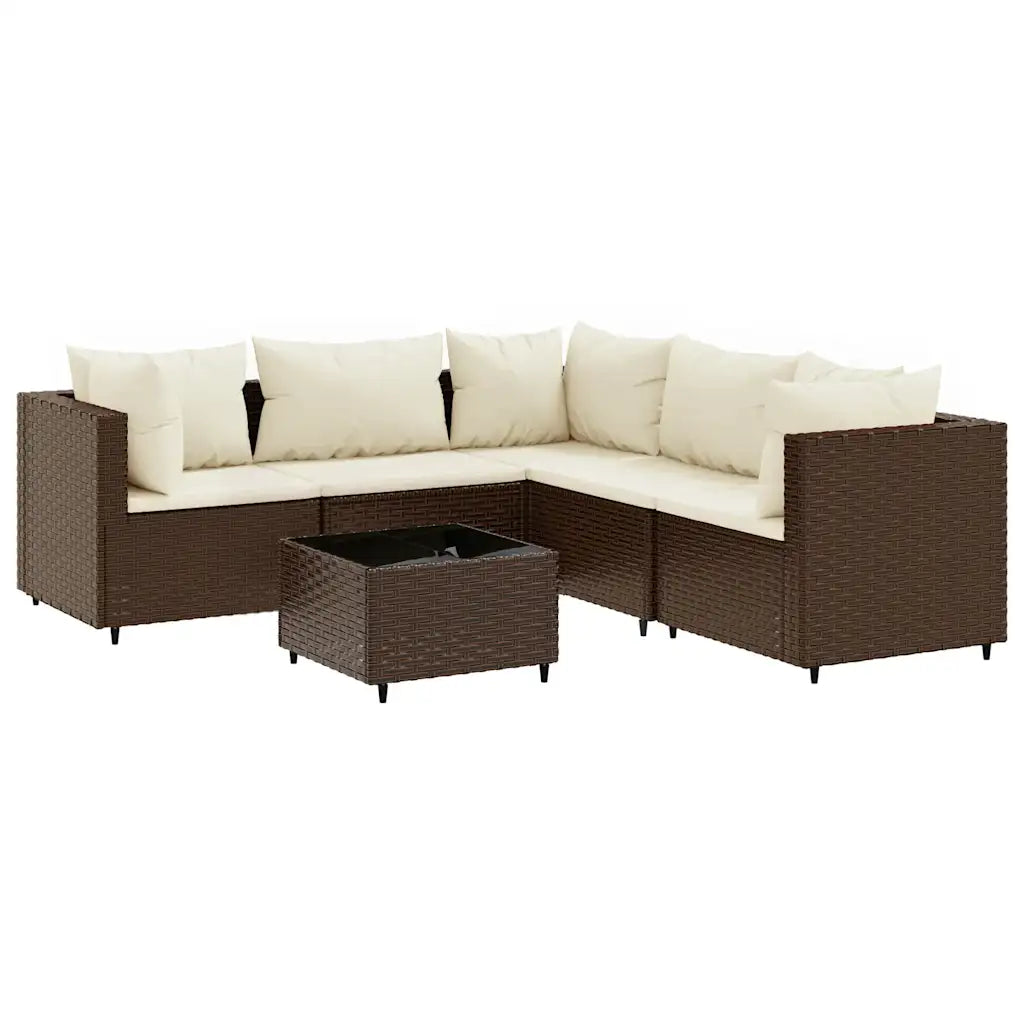 Set divano angolare da giardino in polyrattan marrone con cuscini e tavolino