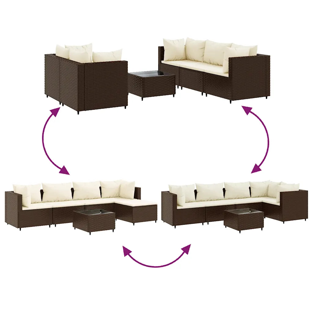 Set divano da giardino in polyrattan marrone con cuscini e tavolino, 6 pezzi