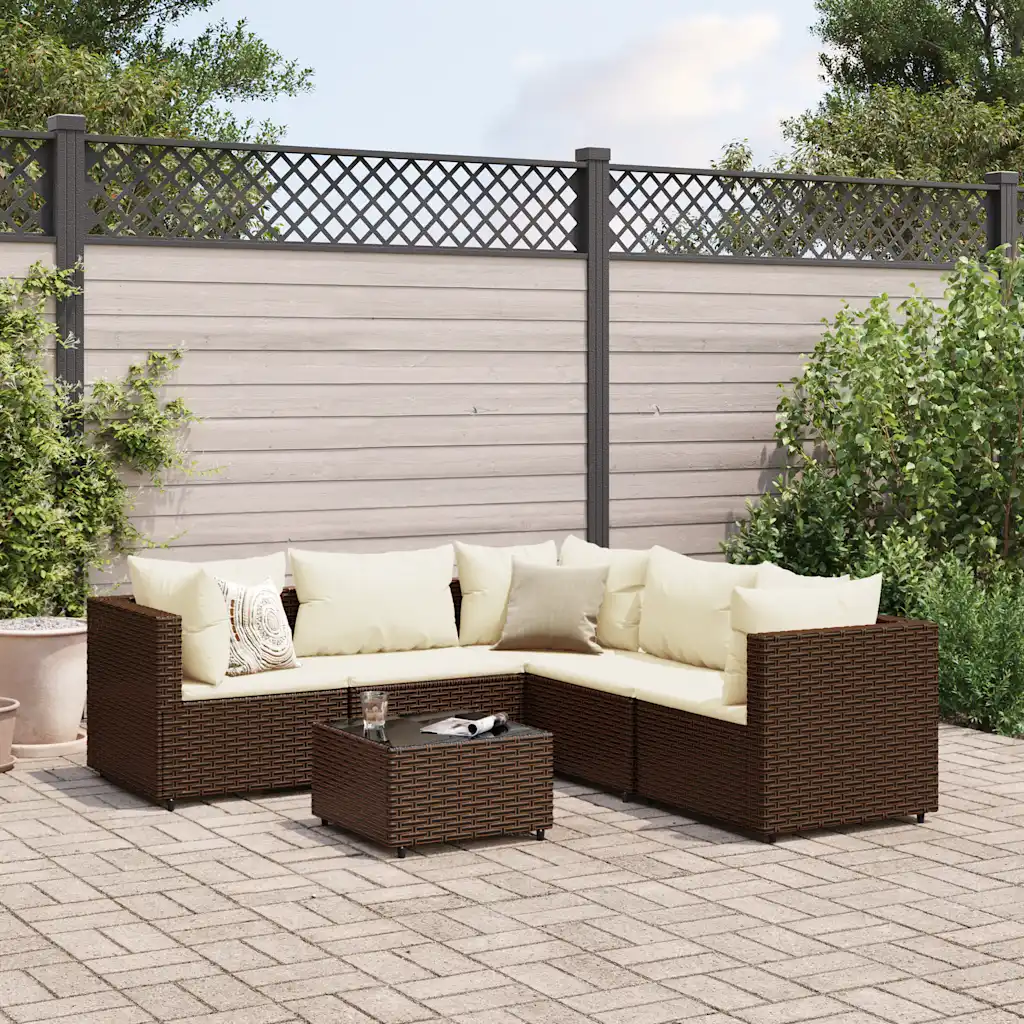 Set divano angolare da giardino in polyrattan marrone con cuscini e tavolino