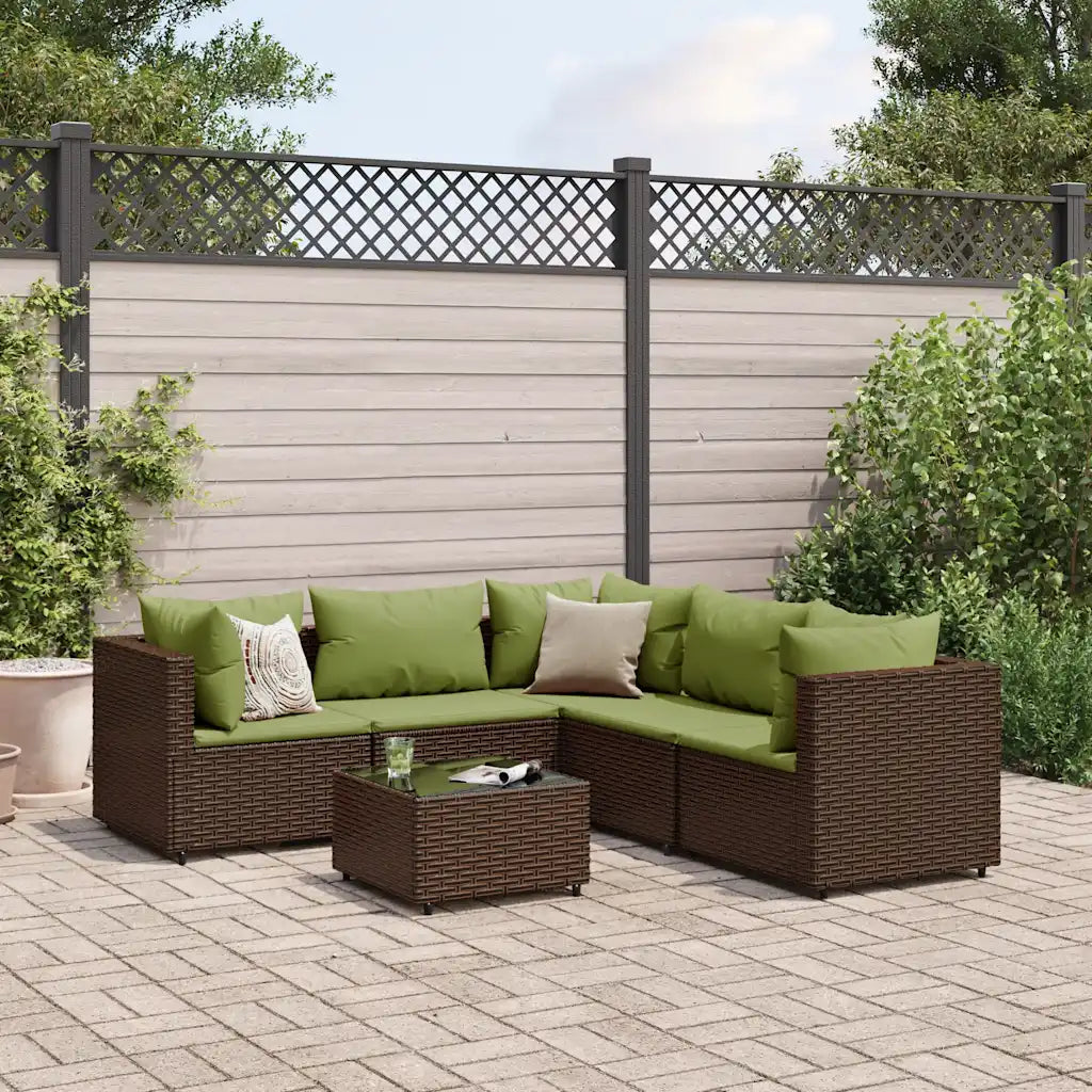 Set divano da giardino in polyrattan marrone con cuscini verdi e tavolino