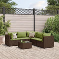 Set divano da giardino in polyrattan marrone con cuscini verdi e tavolino