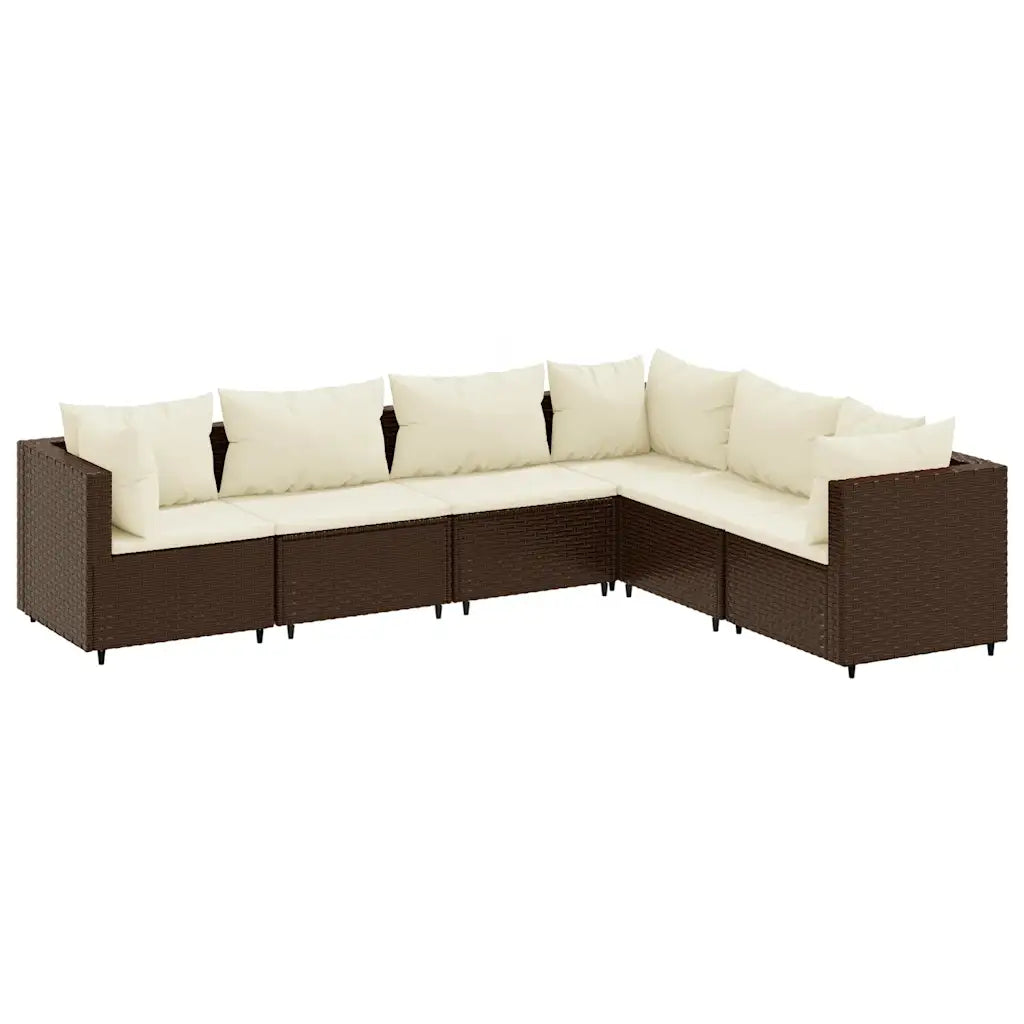 Set divano angolare in polyrattan marrone con cuscini bianchi, vista laterale