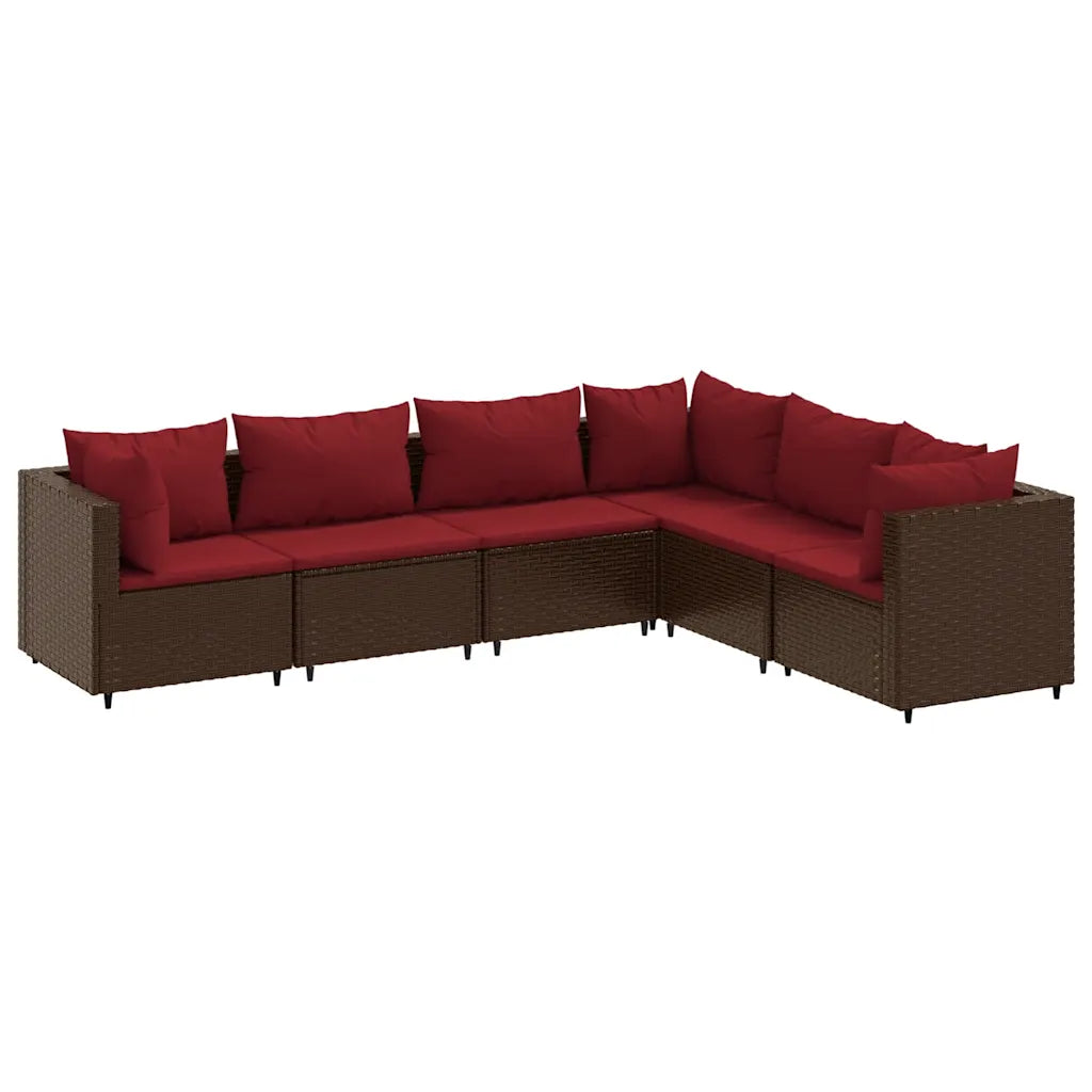 Set mobili da giardino ad angolo con struttura in polyrattan marrone e cuscini rossi