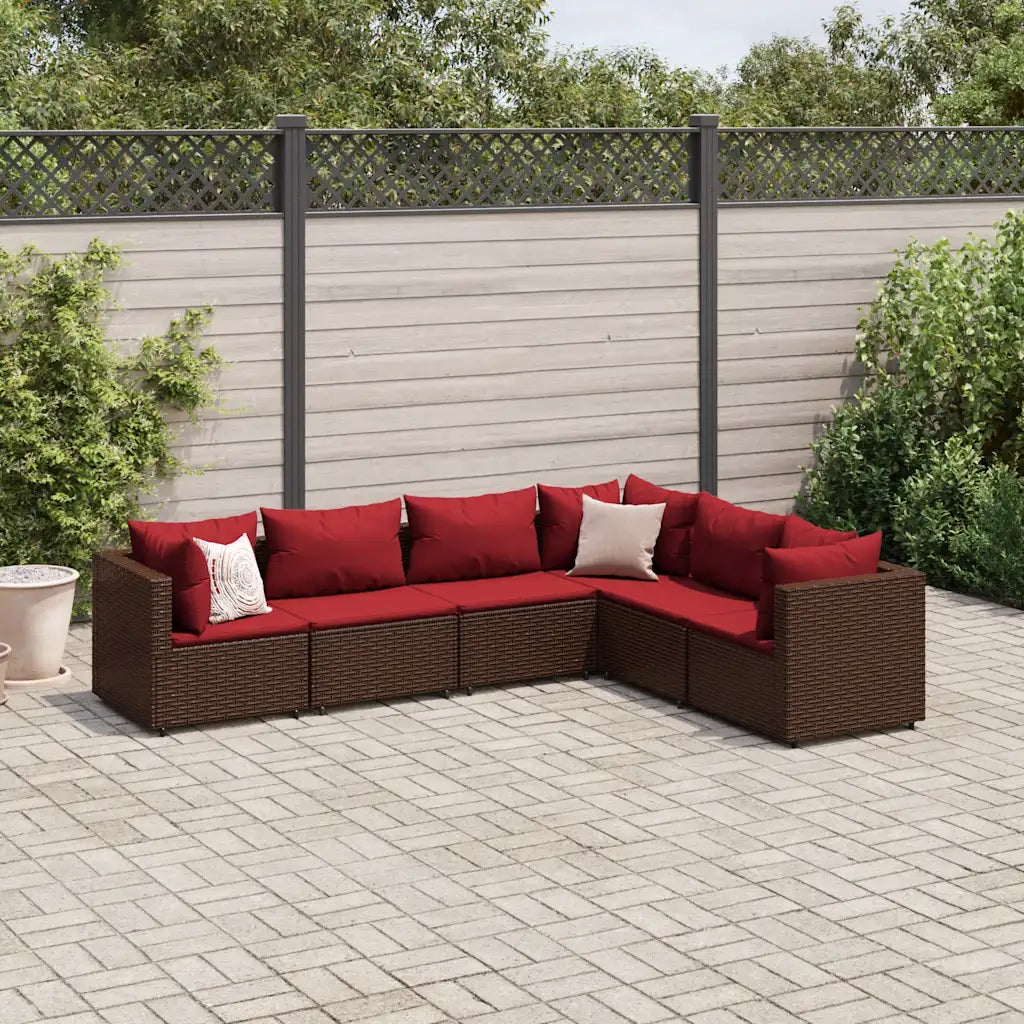 Set mobili da giardino ad angolo in polyrattan marrone con cuscini rossi