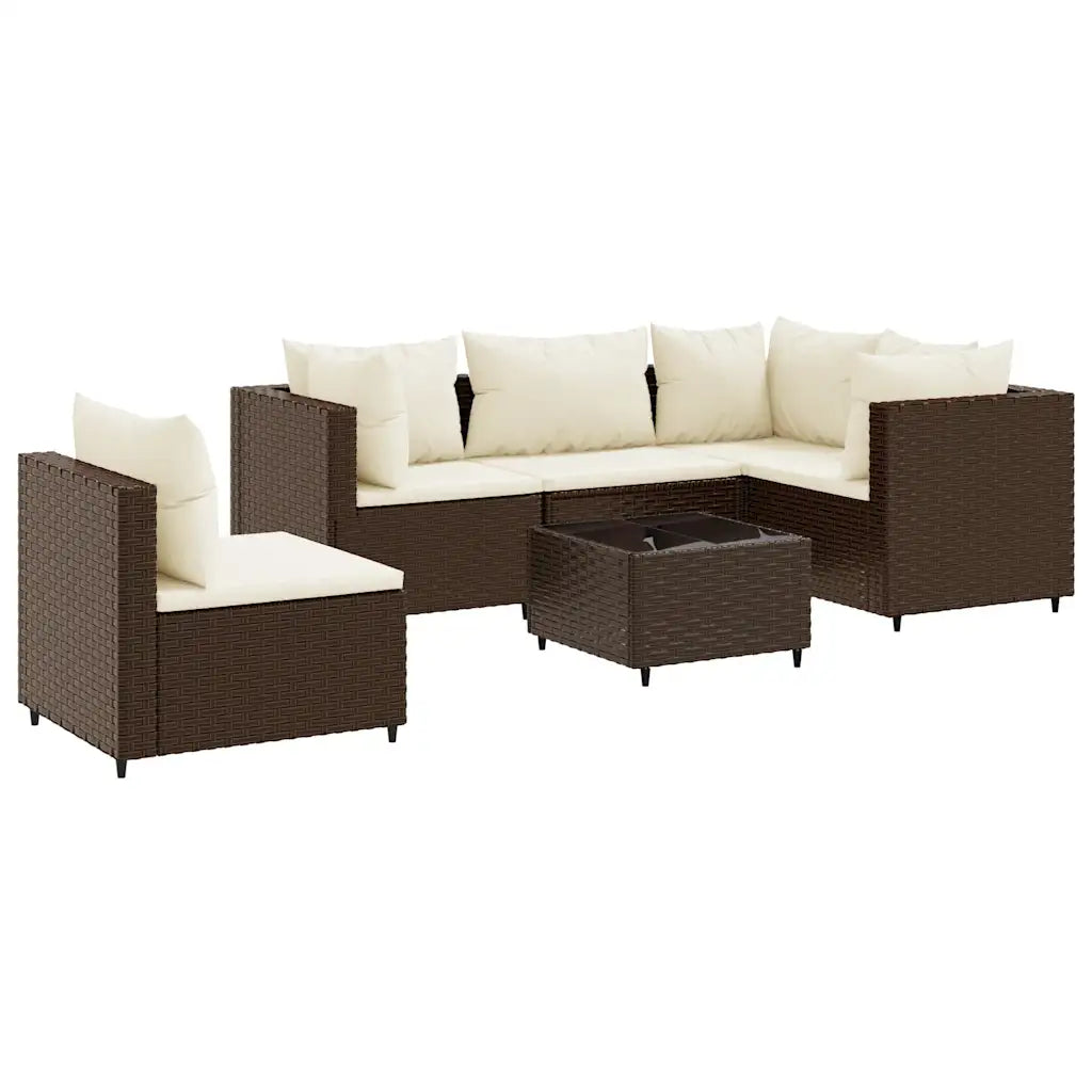 Set divanetto da giardino con struttura in polyrattan marrone e cuscini bianchi