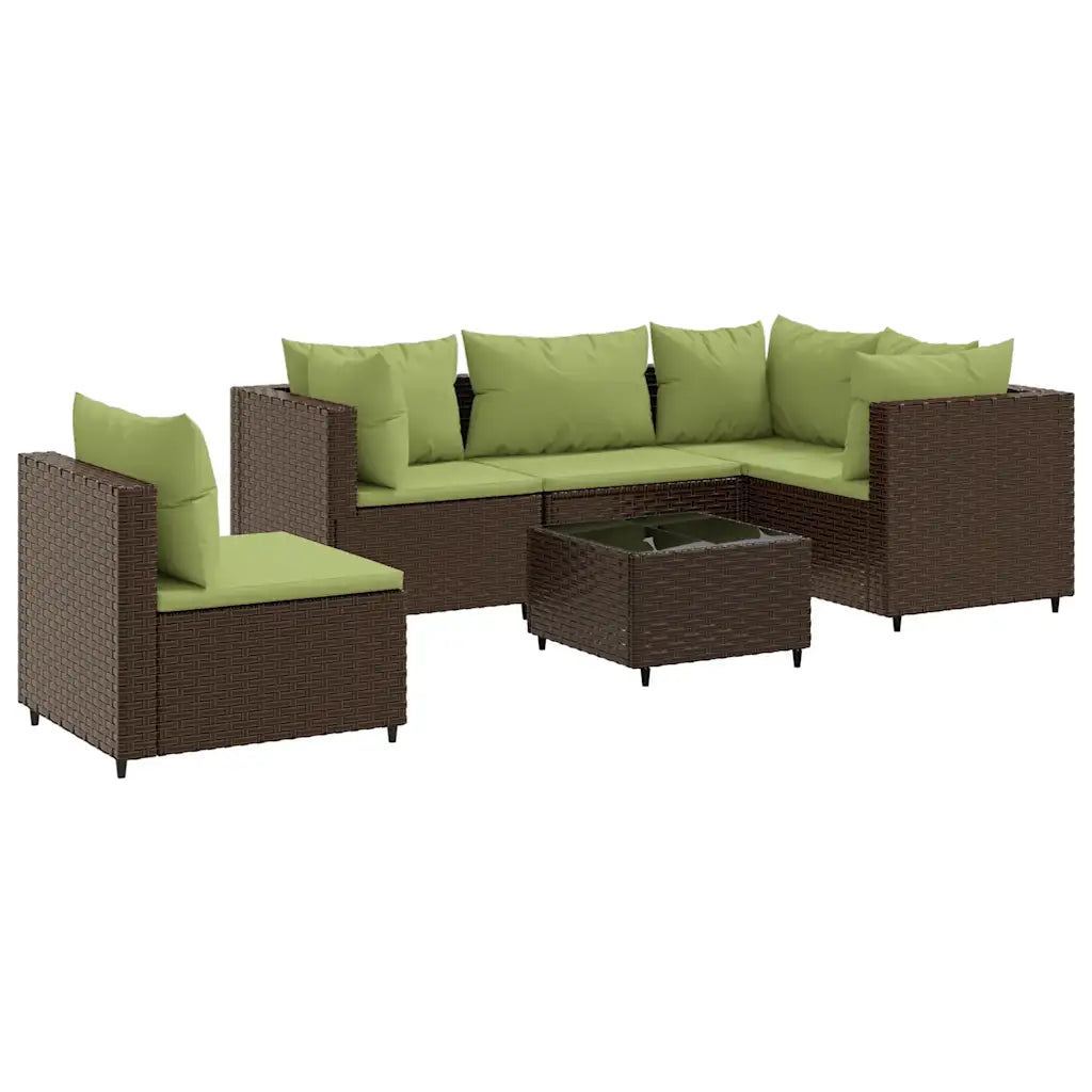 Set da giardino in polyrattan marrone con cuscini verdi e tavolino centrale