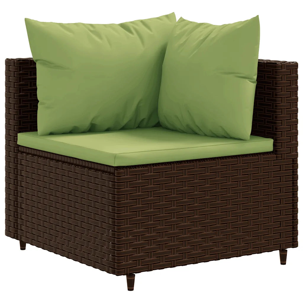 Poltrona da giardino in polyrattan marrone con cuscino verde e due cuscini