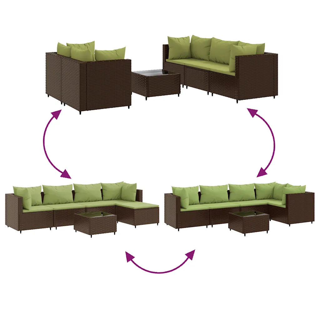 Set mobili da giardino in polyrattan marrone con cuscini verdi e tavolino incluso