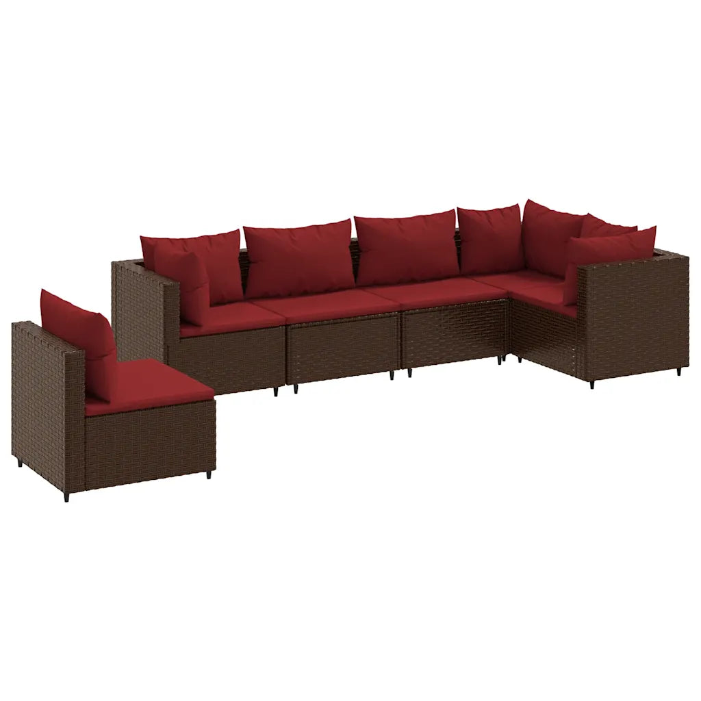 Set angolare da giardino in polyrattan marrone con cuscini rossi