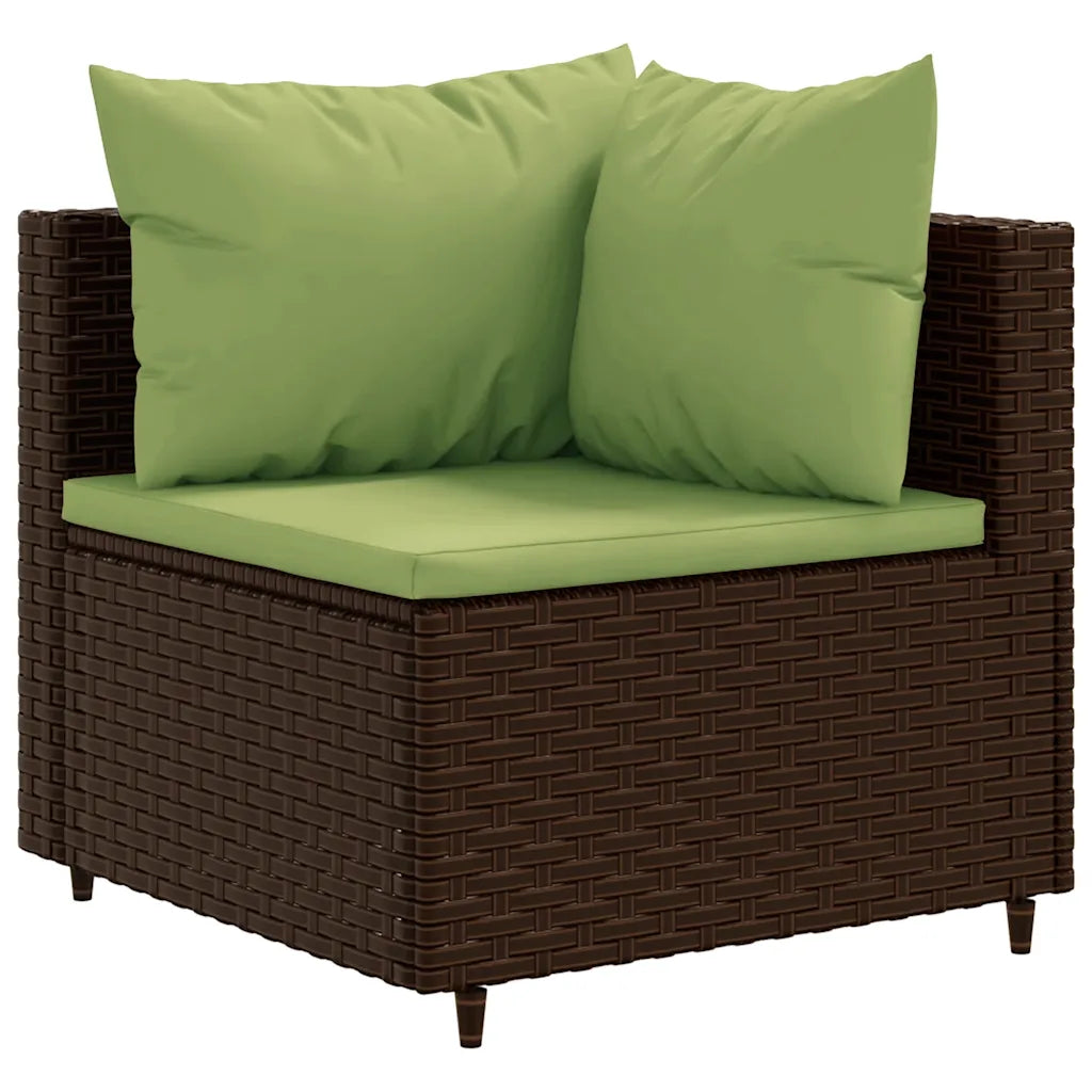 Poltrona angolare in polyrattan marrone con cuscini verdi e base intrecciata