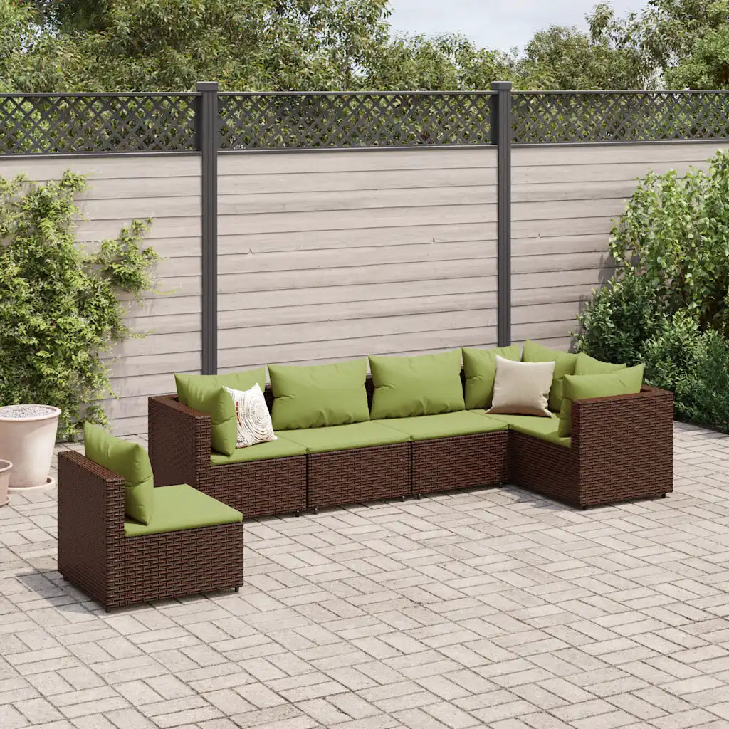 Set mobili da giardino angolare in polyrattan marrone con cuscini verdi