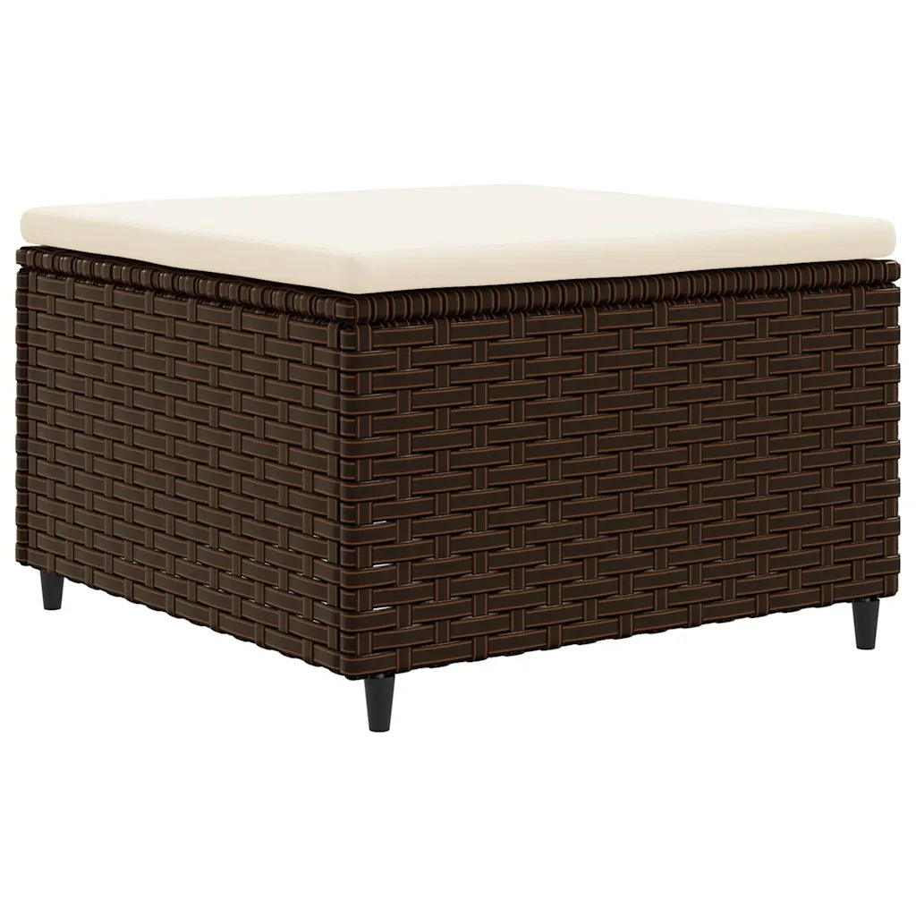 Pouf da giardino in polyrattan marrone con piano e cuscino bianco