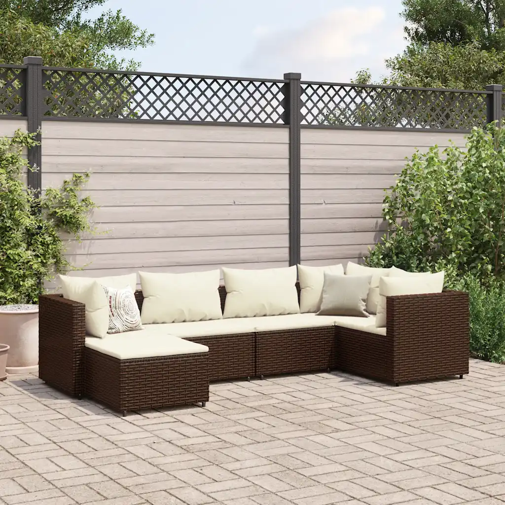 Divano angolare da giardino in polyrattan marrone con cuscini bianchi