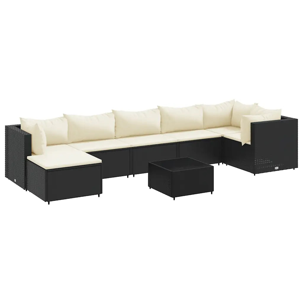 Salotto angolare da esterno nero in polyrattan con cuscini chiari e pouf