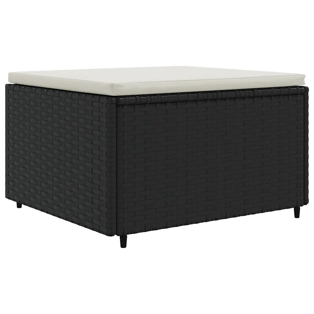 Pouf da giardino nero in polyrattan con piano chiaro e seduta imbottita
