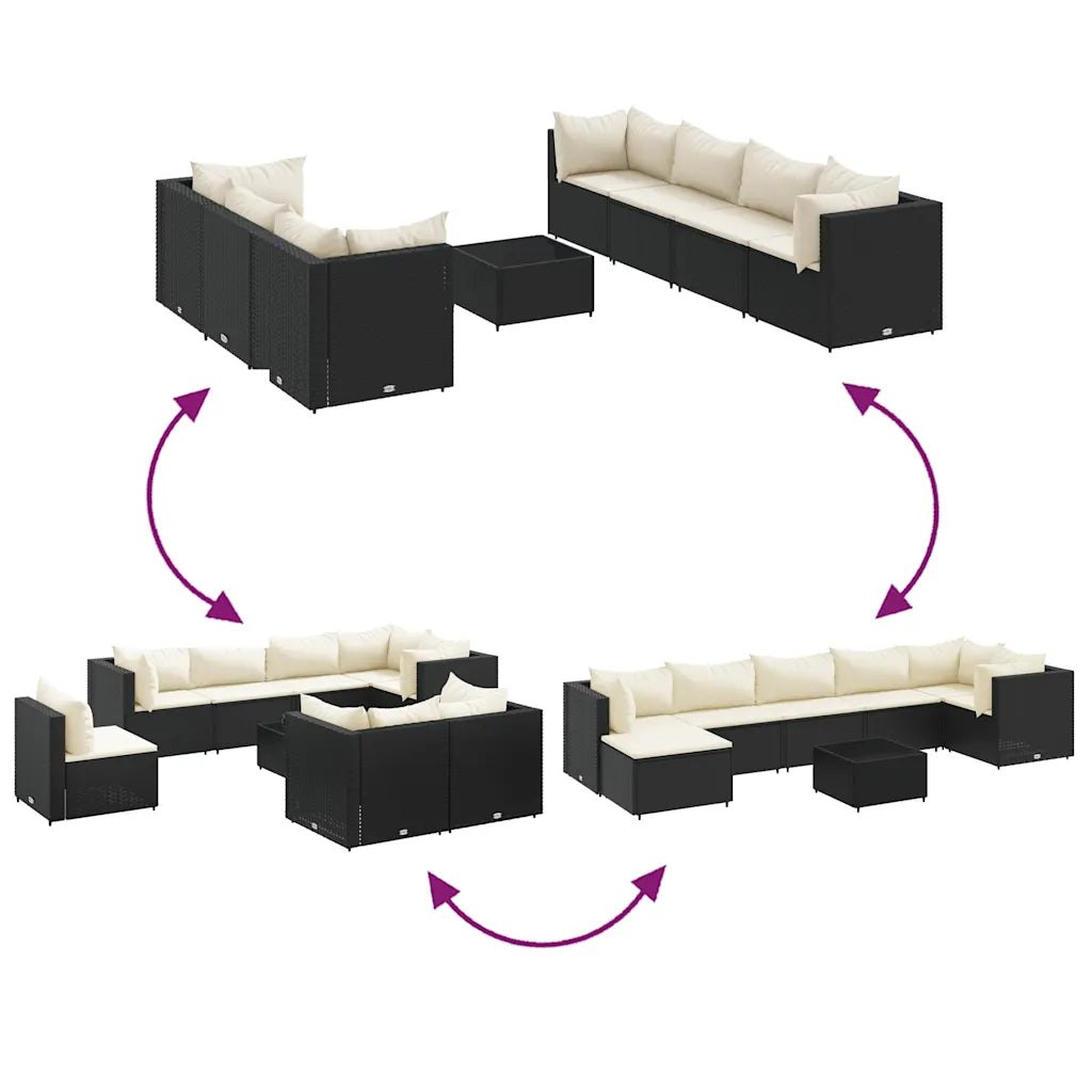 Set salotto da giardino nero in polyrattan con cuscini chiari e frecce montaggio