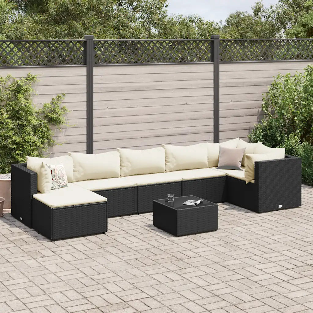 Set salotto da giardino nero in polyrattan con cuscini chiari e tavolini
