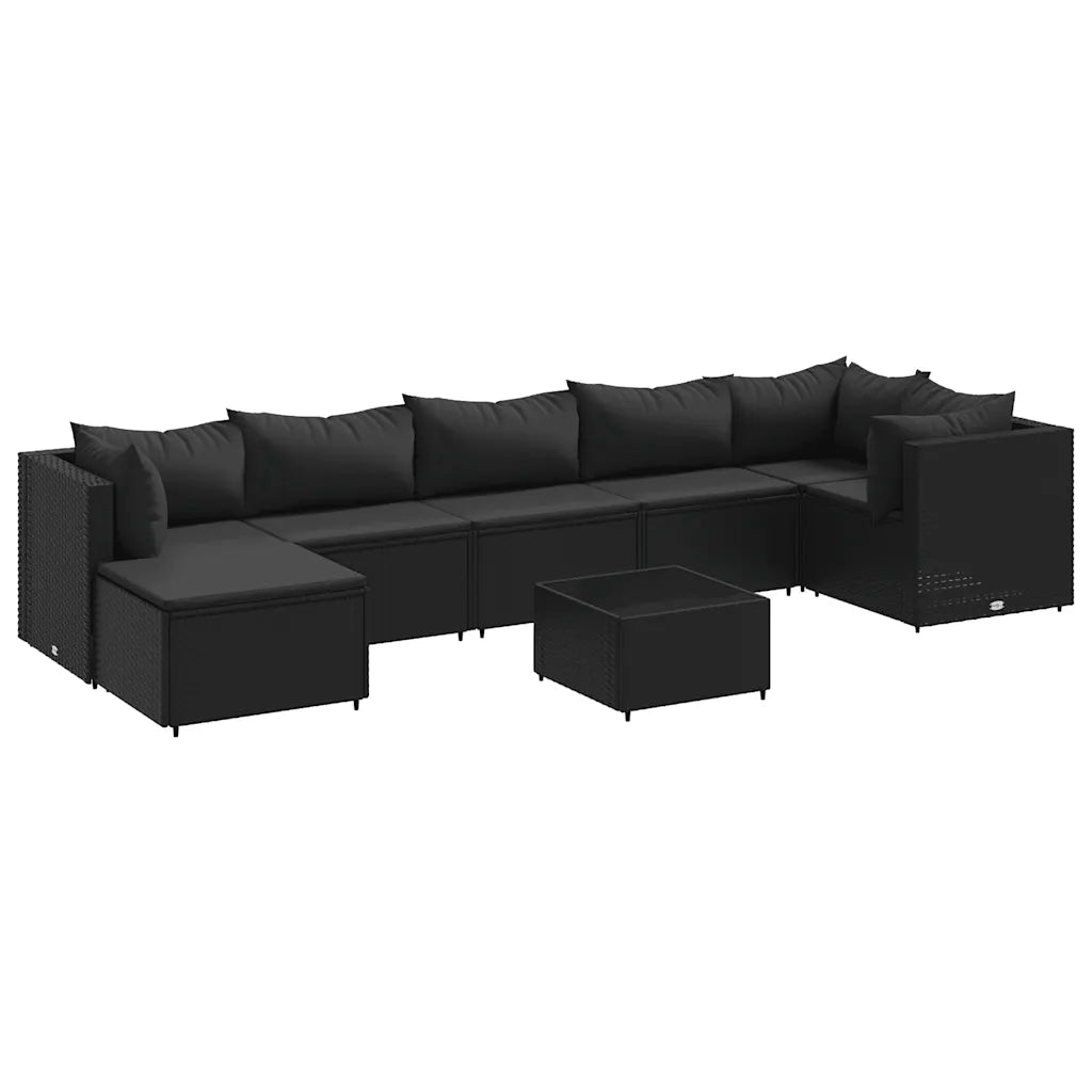 Set mobili da giardino nero componibile con cuscini e tavolini quadrati