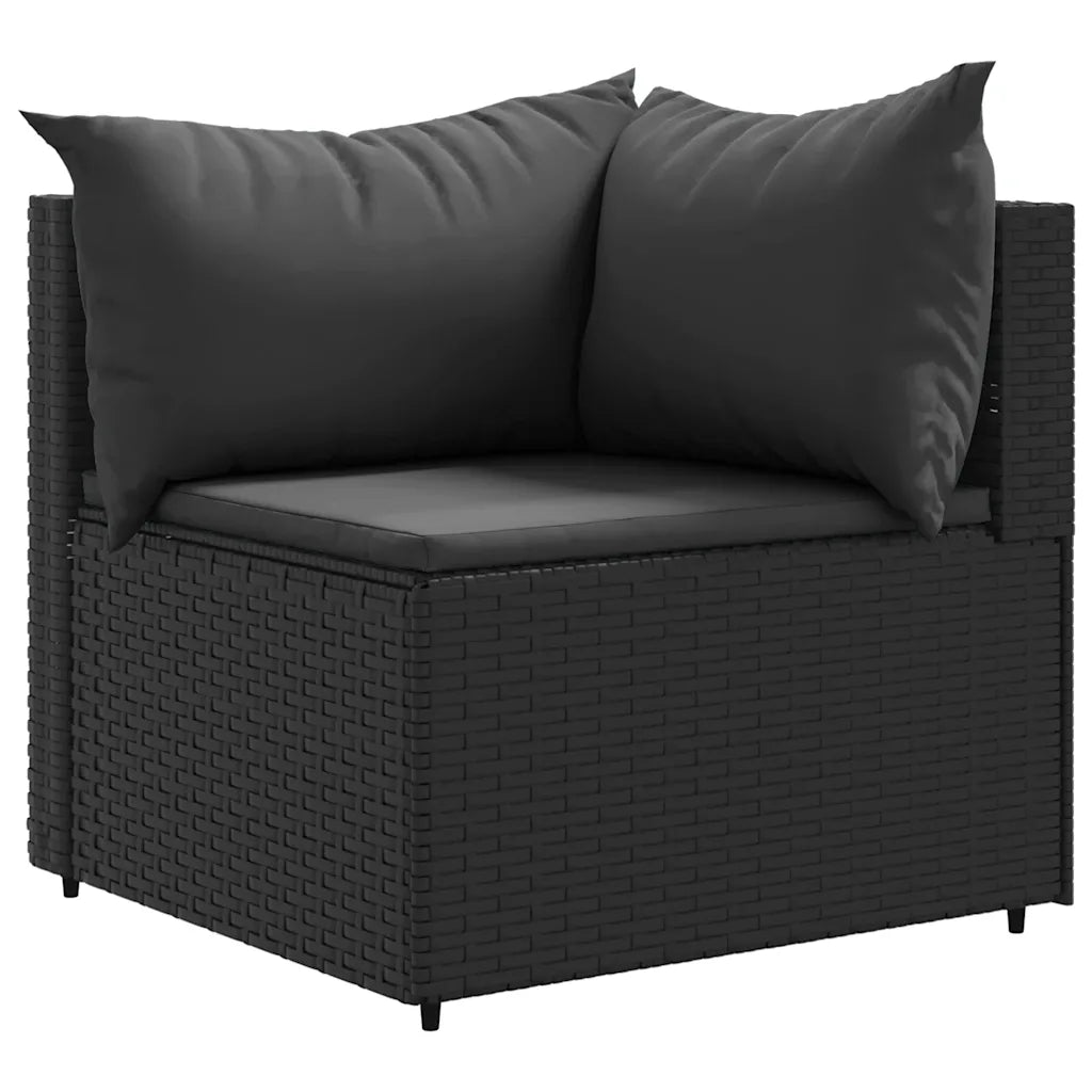 Poltrona da giardino nera con cuscini spessi e struttura in polyrattan intrecciato