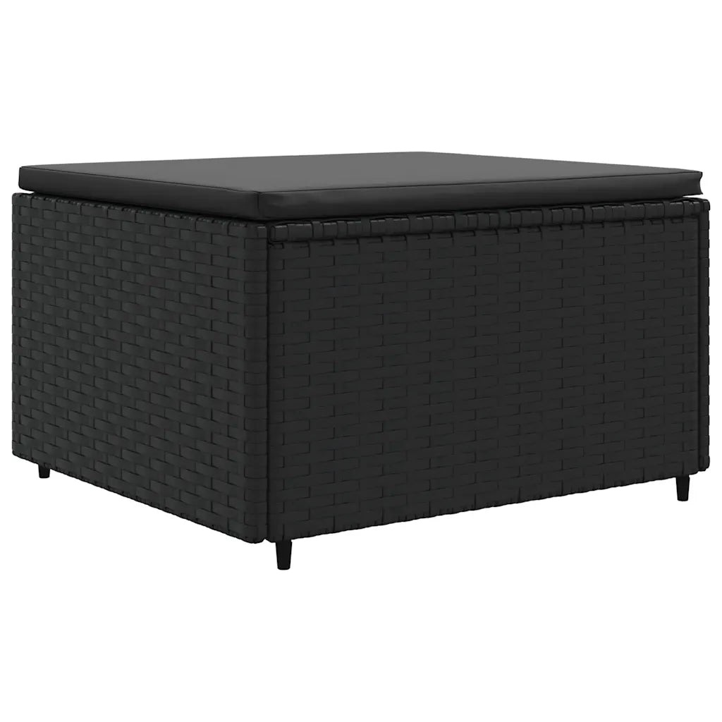 Pouf contenitore da giardino nero con cuscino e struttura in polyrattan intrecciato