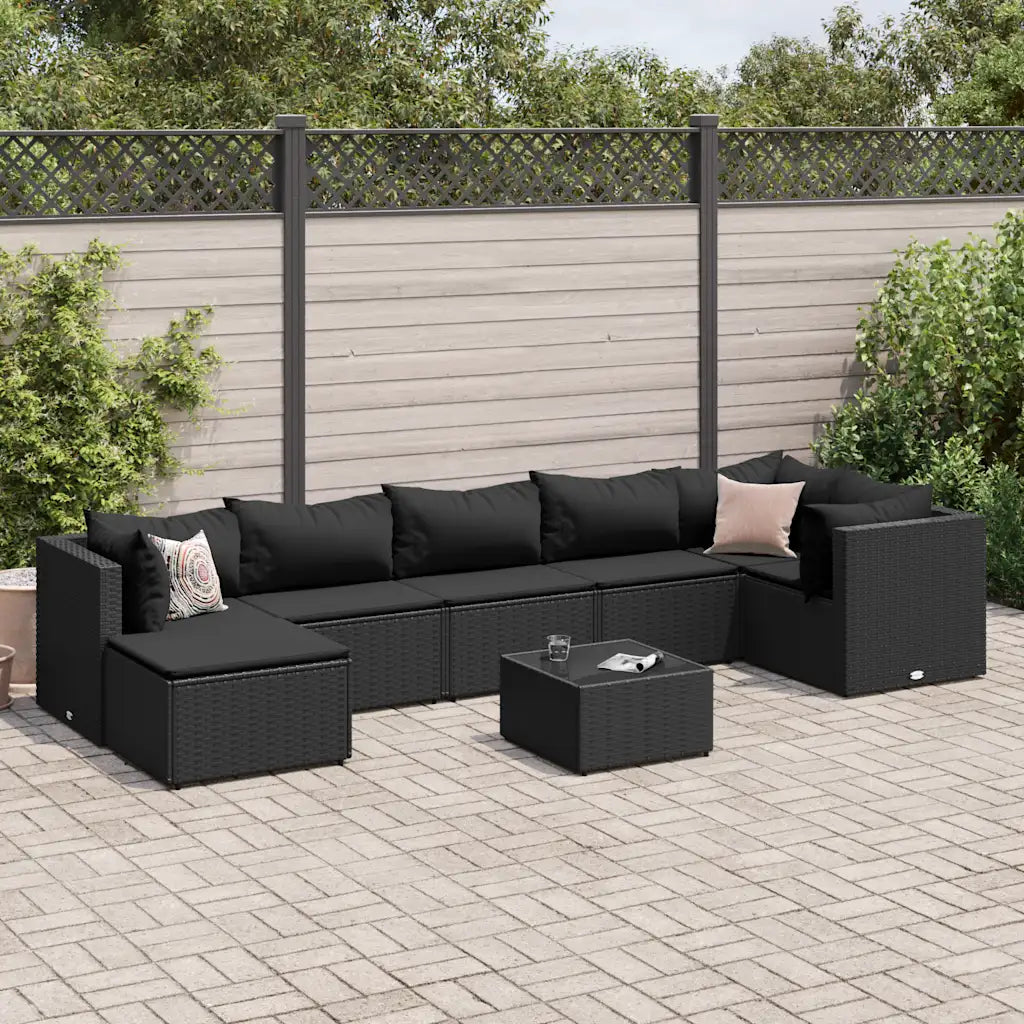 Set mobili da giardino angolare nero con cuscini, polyrattan e tavolino quadrato