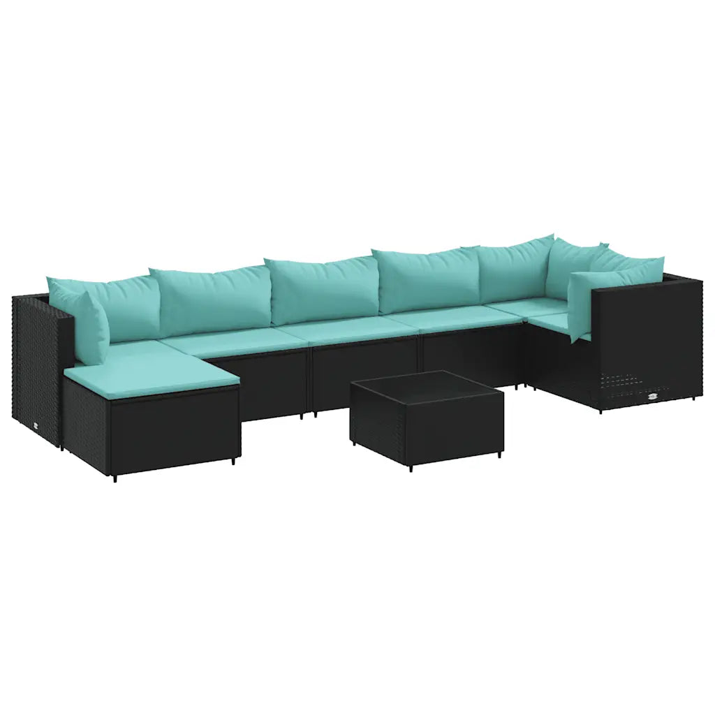 Set modulare da giardino in polyrattan nero con cuscini azzurri e tavolino centrale