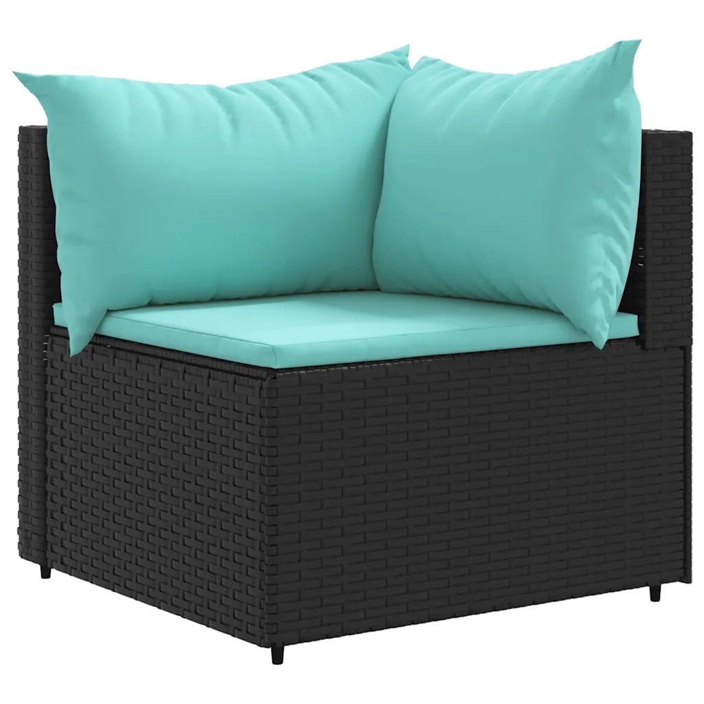 Poltrona da giardino in polyrattan nero con cuscini azzurri e schienale imbottito