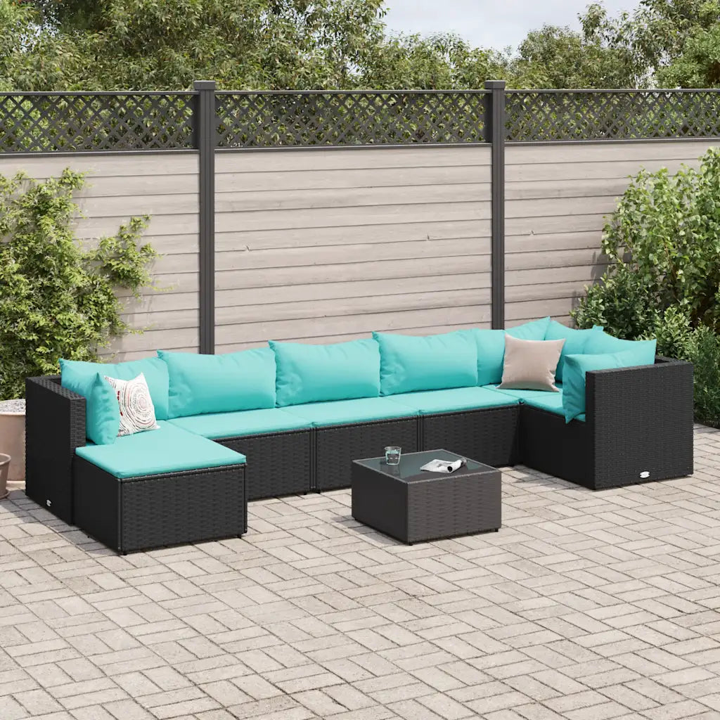 Set di mobili da giardino in polyrattan nero con cuscini azzurri, divano angolare e tavolo