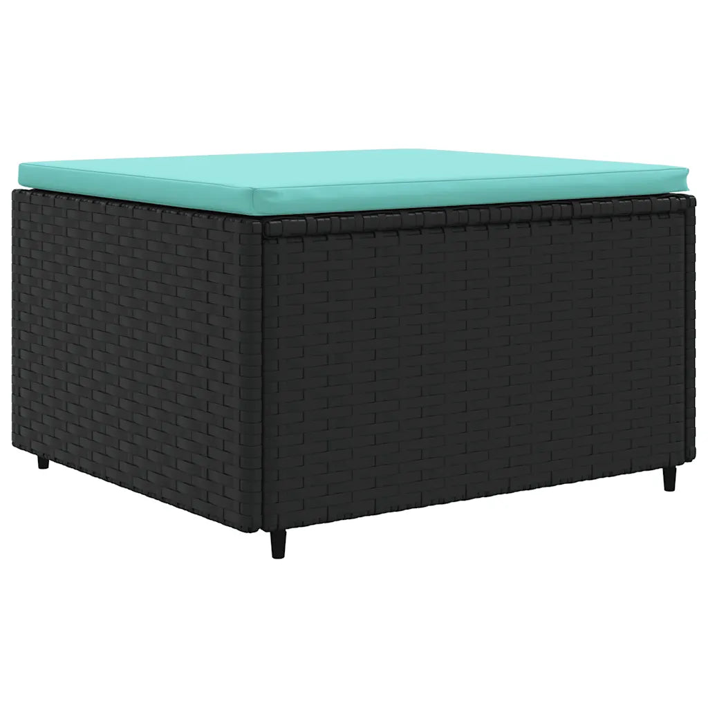 Pouf da giardino in polyrattan nero con piano imbottito turchese