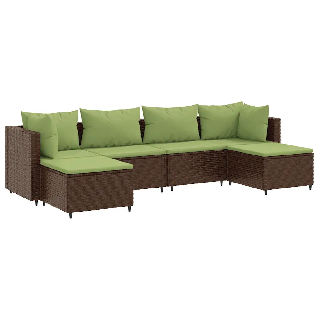 Divano angolare modulare da esterno con cuscini verdi e struttura in polyrattan marrone