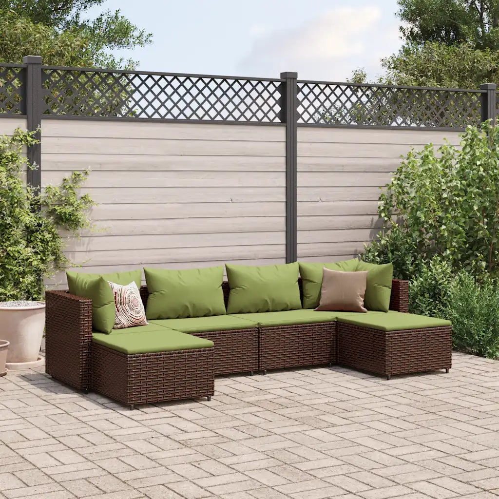 Set divano angolare da giardino in polyrattan marrone con cuscini verdi
