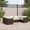 Set di mobili da giardino in polyrattan marrone con divano angolare e cuscini crema