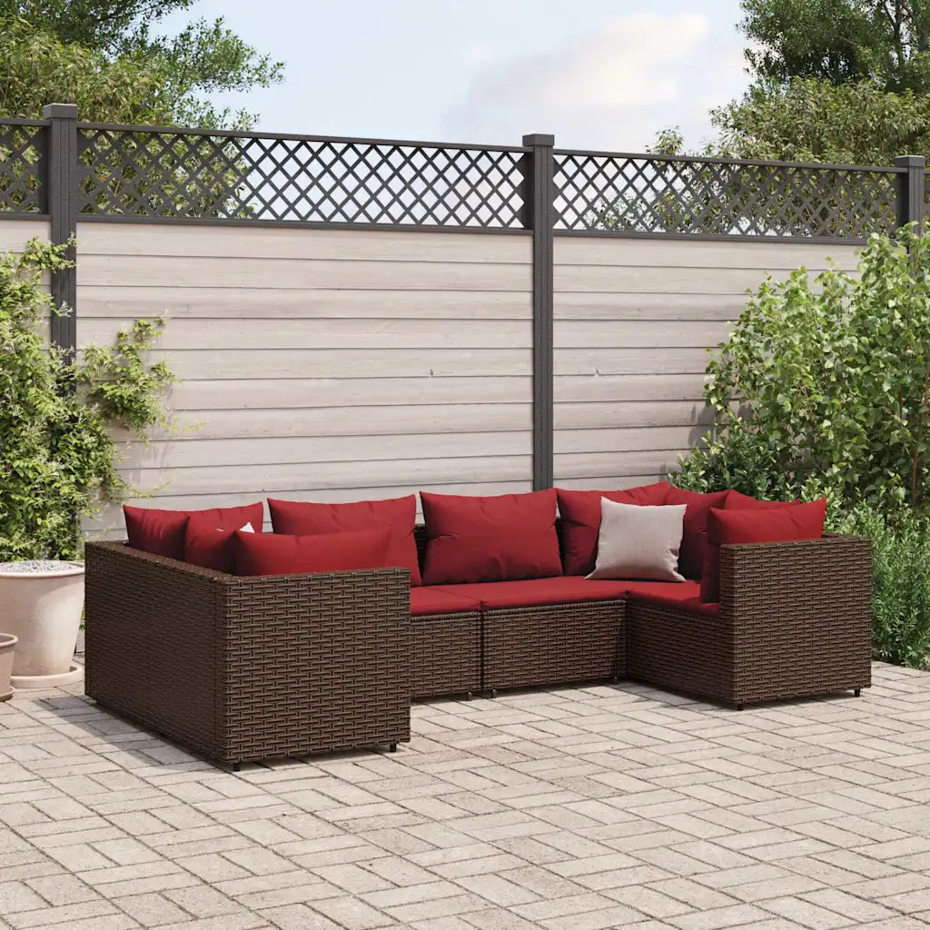 Set mobili giardino in polyrattan marrone con cuscini rossi, divano angolare modulare