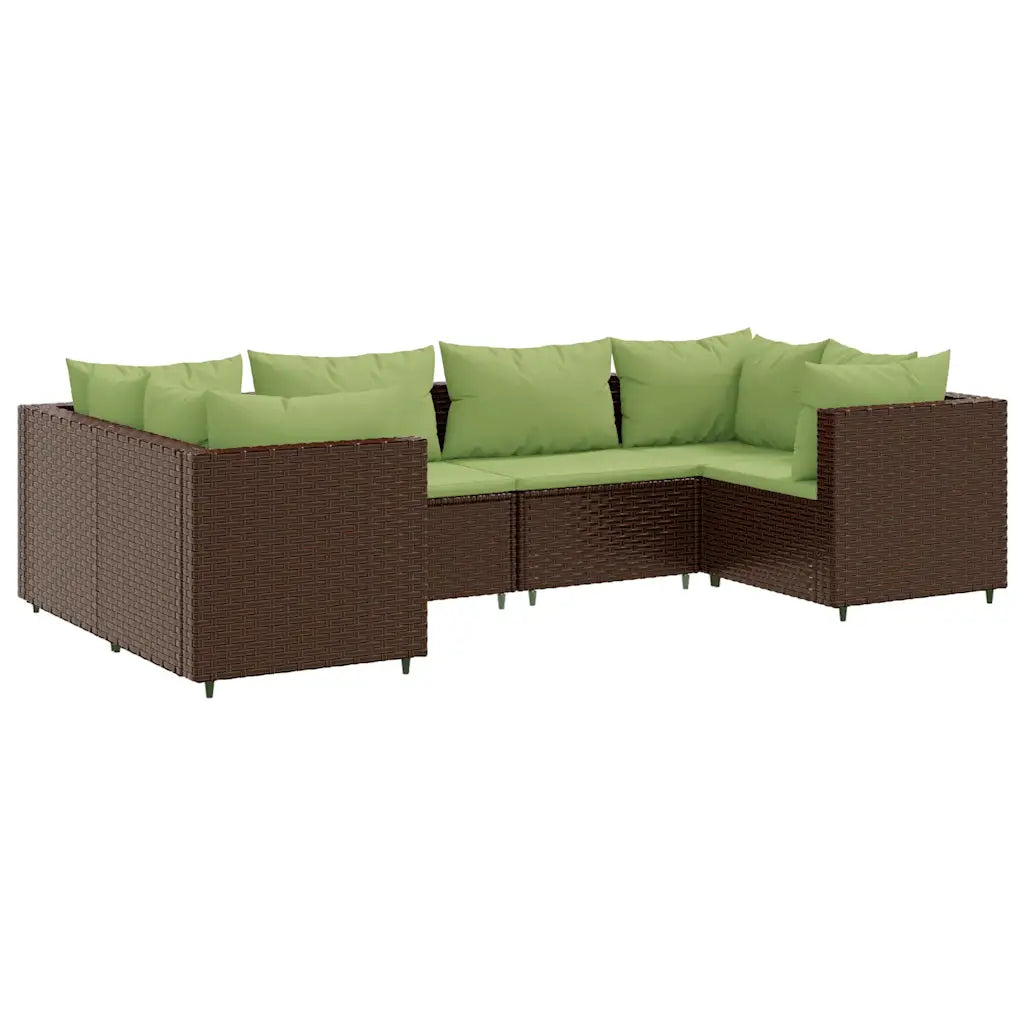 Divano angolare da giardino in polyrattan marrone con cuscini verde chiaro