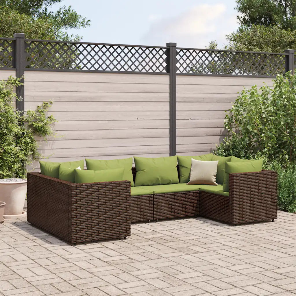 Set mobili da giardino in polyrattan marrone con cuscini verdi, angolare 6 pz