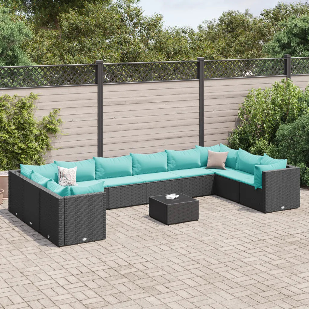 Set divano angolare da giardino nero in rattan con cuscini turchesi e tavolino