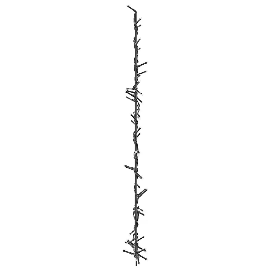 Catena di luci LED bianche calde su filo nero per albero silhouette, vista laterale.