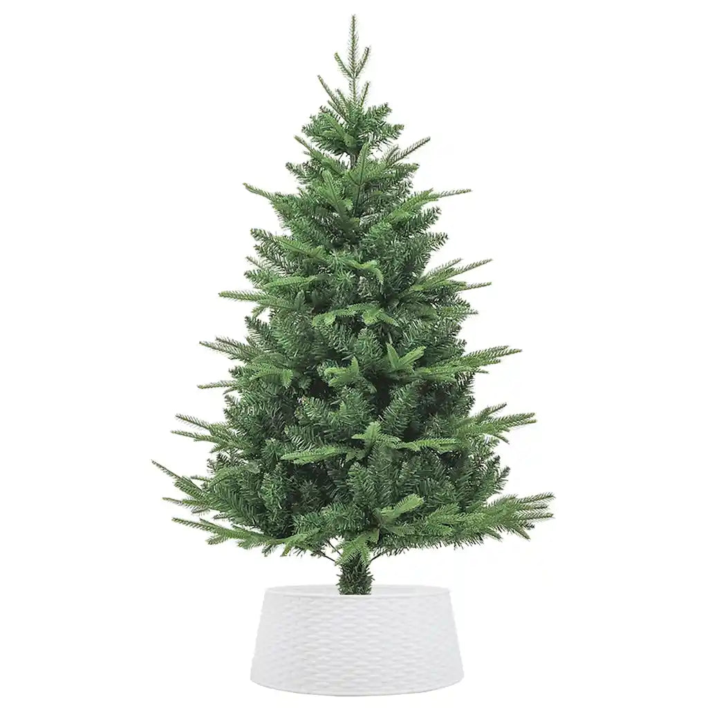 Gonna per albero di Natale bianca in plastica sotto l’albero, base ben coperta.
