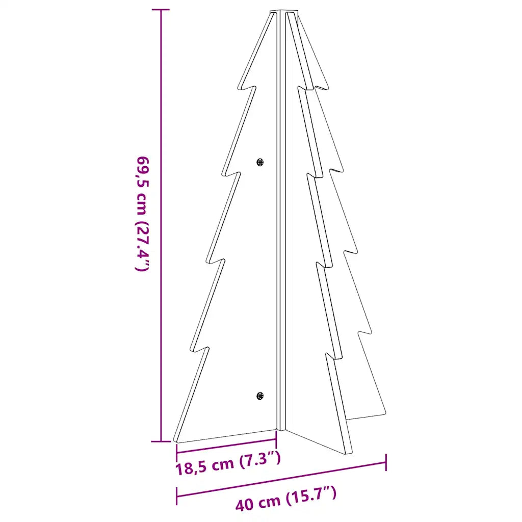 Albero di Natale decorativo in legno con misure: 69,5 cm (H) e base 40×18,5 cm.