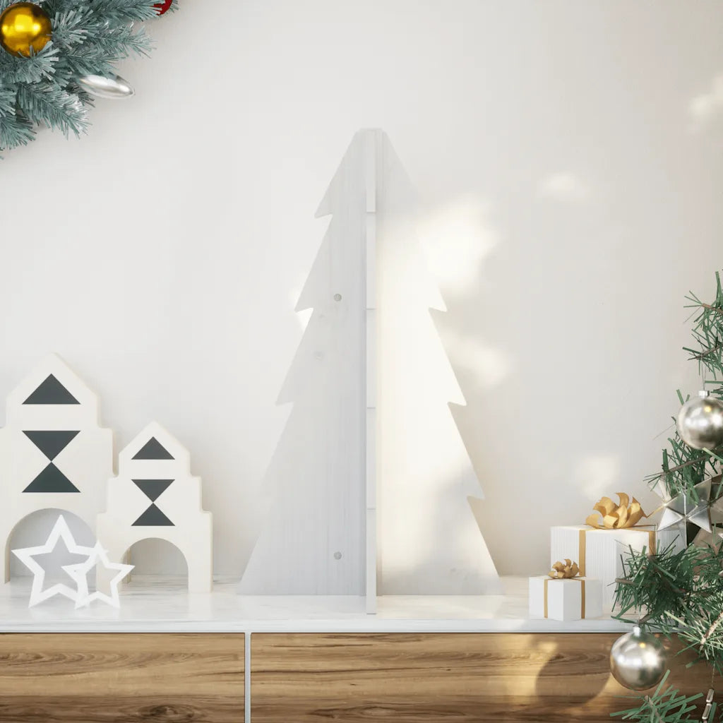 Albero di Natale decorativo in legno bianco, sagome a strati e base a cavalletto