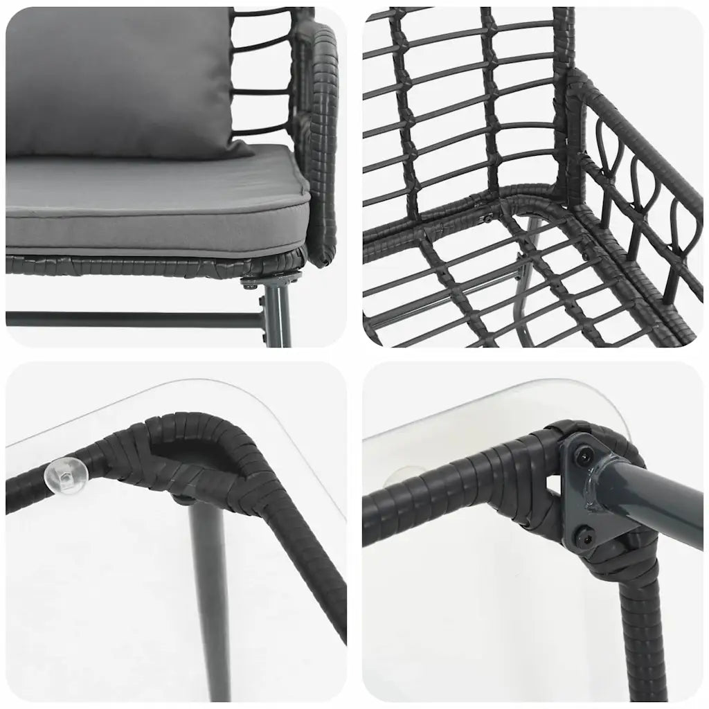 Dettaglio polyrattan: braccioli e seduta con cuscino antracite, struttura nera.