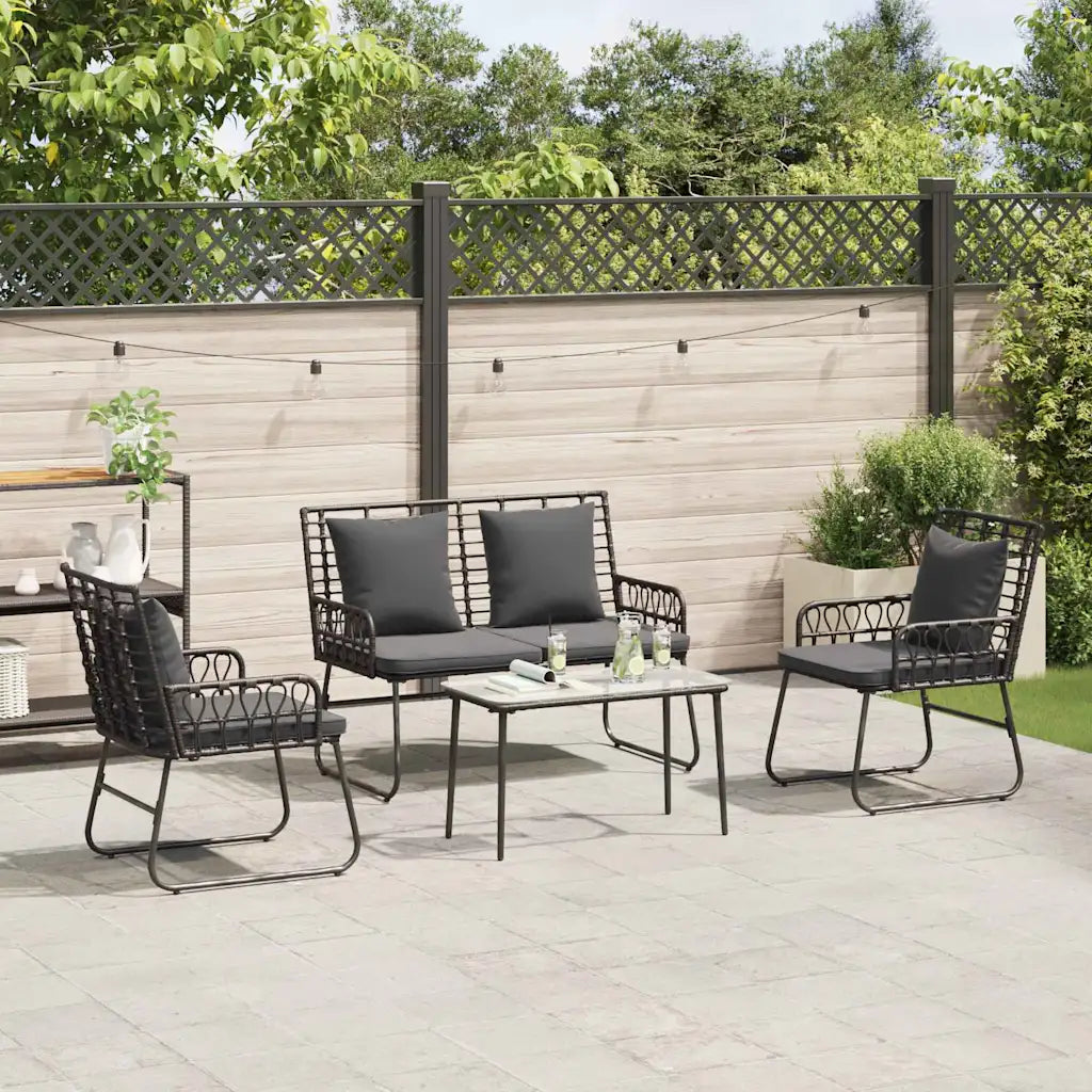 Set da giardino 4 pezzi con poltrone e tavolo rettangolare, cuscini antracite e struttura nera.