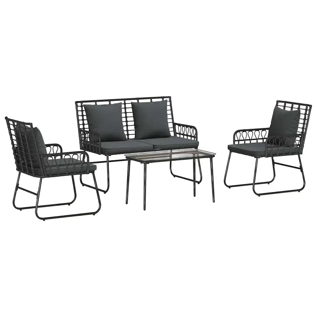 Set da giardino 4 pezzi con poltrone e divanetto: cuscini antracite, struttura nera.