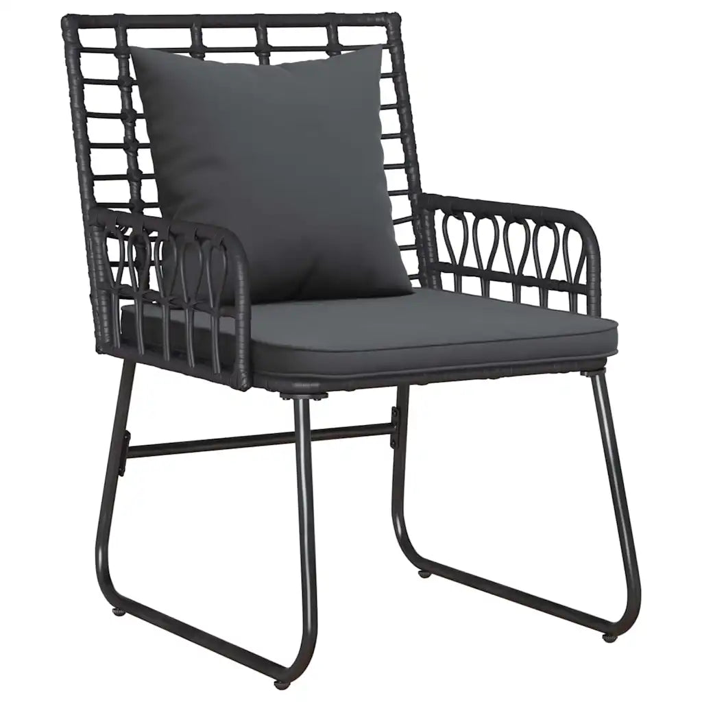 Poltrona da giardino in polyrattan nero con cuscino antracite e base metallica.