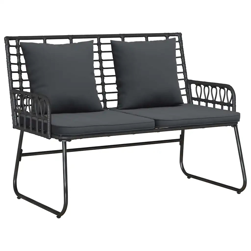 Divanetto da giardino in polyrattan nero con 2 cuscini antracite e base metallica.